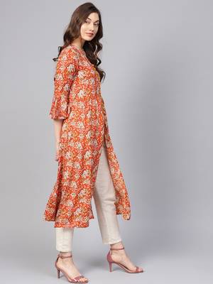 Women Orange Ethnic Motifs A-Line Rayon Kurta 4