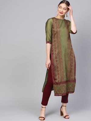 Women Green Ethnic Motifs Straight Handloom Jacquard Kurta 1