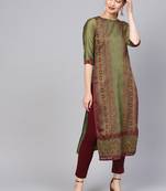 Women Green Ethnic Motifs Straight Handloom Jacquard Kurta
