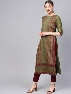 Women Green Ethnic Motifs Straight Handloom Jacquard Kurta 2