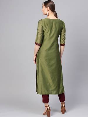 Women Green Ethnic Motifs Straight Handloom Jacquard Kurta 3