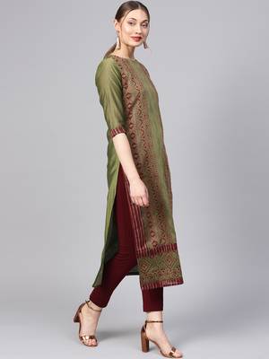 Women Green Ethnic Motifs Straight Handloom Jacquard Kurta 4