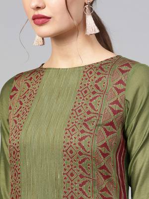 Women Green Ethnic Motifs Straight Handloom Jacquard Kurta 5