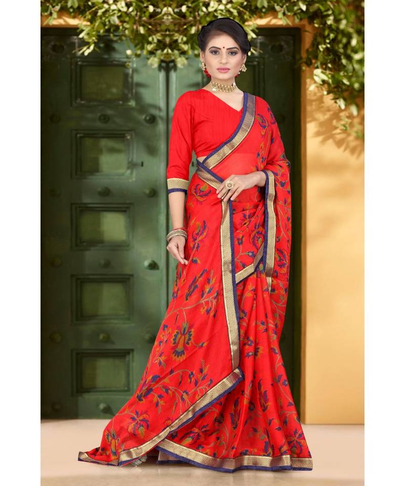 red printed chiffon saree with blouse