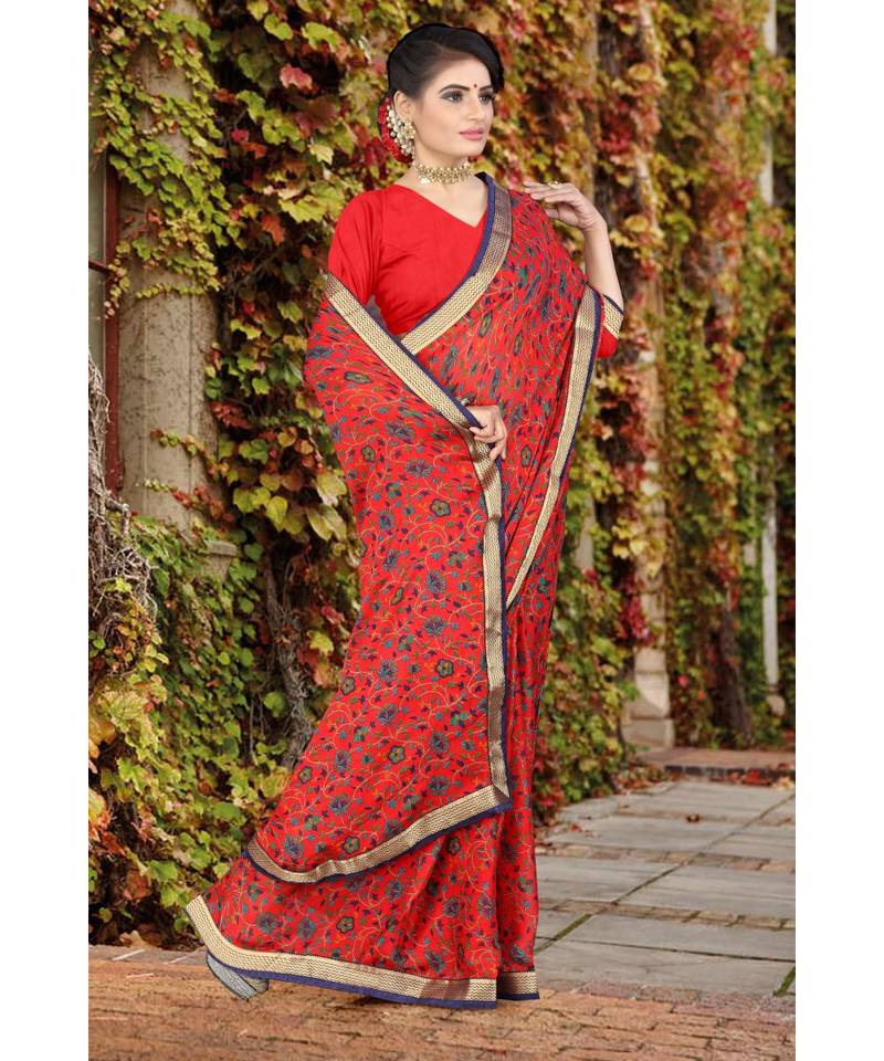 red printed chiffon saree with blouse