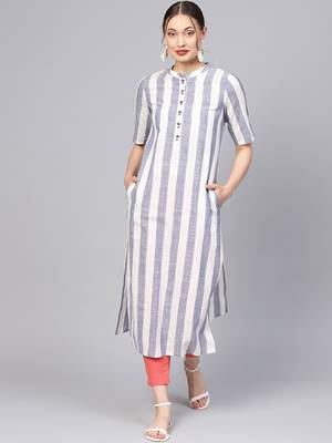 Women Blue Geometric Straight Yarn Dyed Cotton Kurta 1