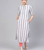 Women Blue Geometric Straight Yarn Dyed Cotton Kurta