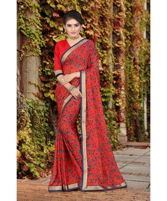 red printed chiffon saree with blouse 1
