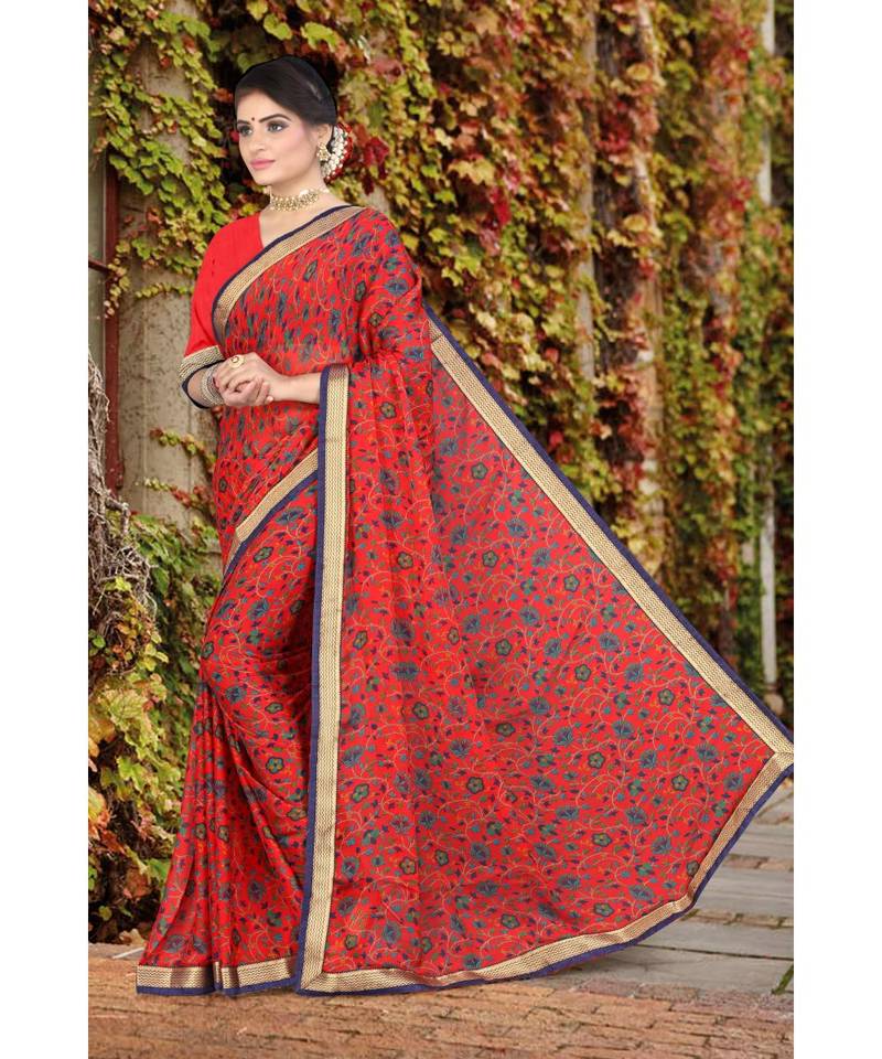 red printed chiffon saree with blouse
