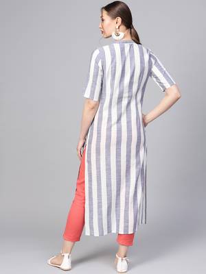 Women Blue Geometric Straight Yarn Dyed Cotton Kurta 3