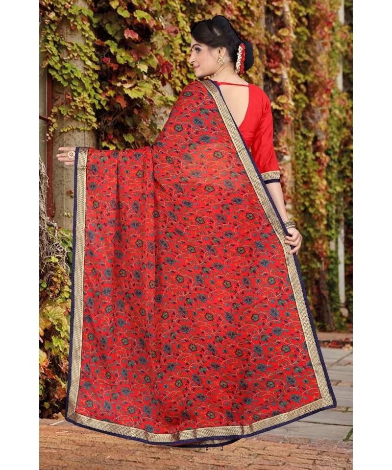 red printed chiffon saree with blouse