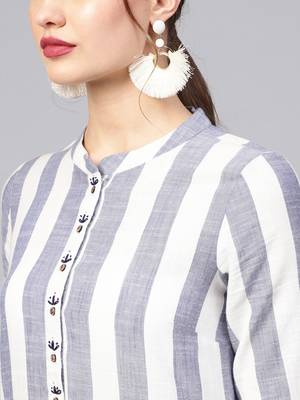 Women Blue Geometric Straight Yarn Dyed Cotton Kurta 5