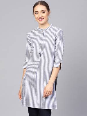 Women Grey Geometric Straight Yarn Dyed Cotton Kurta 1