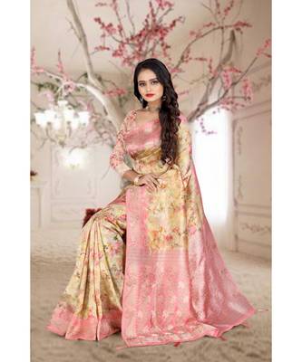 pink printed organza saree with blouse 1