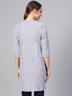 Women Grey Geometric Straight Yarn Dyed Cotton Kurta 3