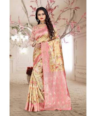 pink printed organza saree with blouse 3
