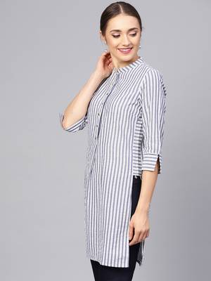 Women Grey Geometric Straight Yarn Dyed Cotton Kurta 4