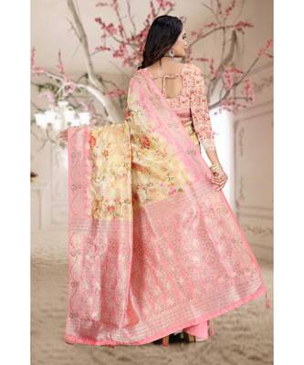 pink printed organza saree with blouse 5