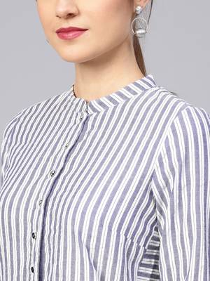 Women Grey Geometric Straight Yarn Dyed Cotton Kurta 5