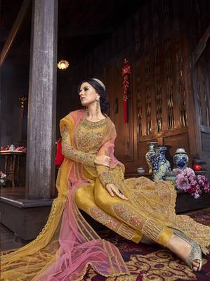 Yellow multi resham work net salwar 2
