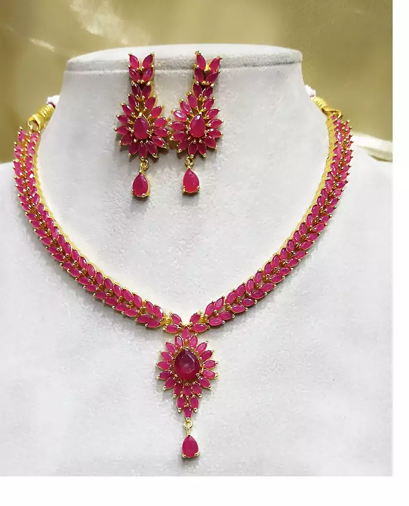 Red Brass American Diamond Color Stone Necklace