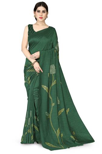 Green Printed Silk Blend Saree With Blouse