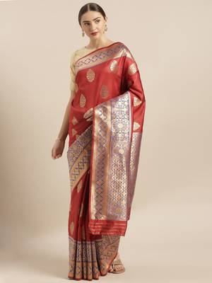 Red woven silk blend saree with blouse 1