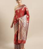 Red woven silk blend saree with blouse