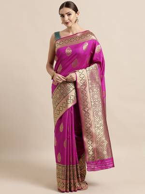 Dark pink woven silk blend saree with blouse 1