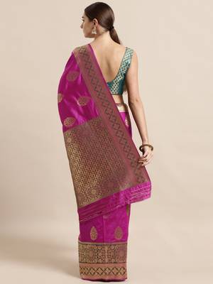 Dark pink woven silk blend saree with blouse 2