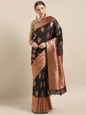 Black woven silk blend saree with blouse 1