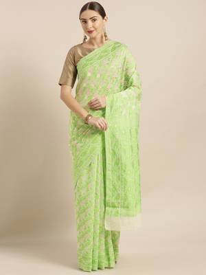 Cream Woven Cotton Poly Saree With Blouse 1