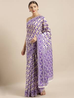 Cream Woven Cotton Poly Saree With Blouse 1