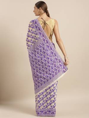 Cream Woven Cotton Poly Saree With Blouse 2