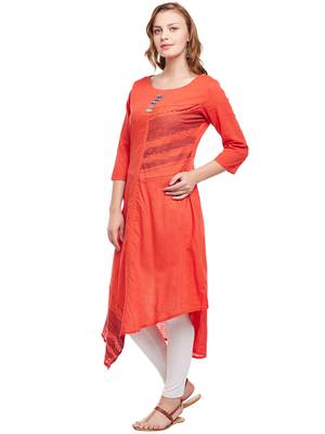 Orange woven cotton kurtas-and-kurtis 3