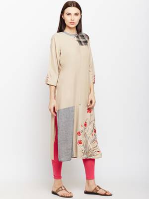 Beige woven rayon kurtas-and-kurtis 4