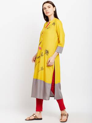 Yellow woven rayon kurtas-and-kurtis 3