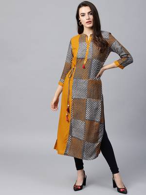 Mustard woven rayon kurtas-and-kurtis 4