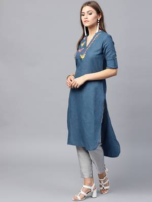 Blue woven cotton kurtas-and-kurtis 3