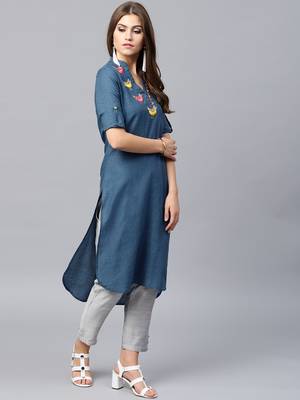 Blue woven cotton kurtas-and-kurtis 4