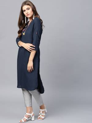 Navy-blue woven cotton kurtas-and-kurtis 3