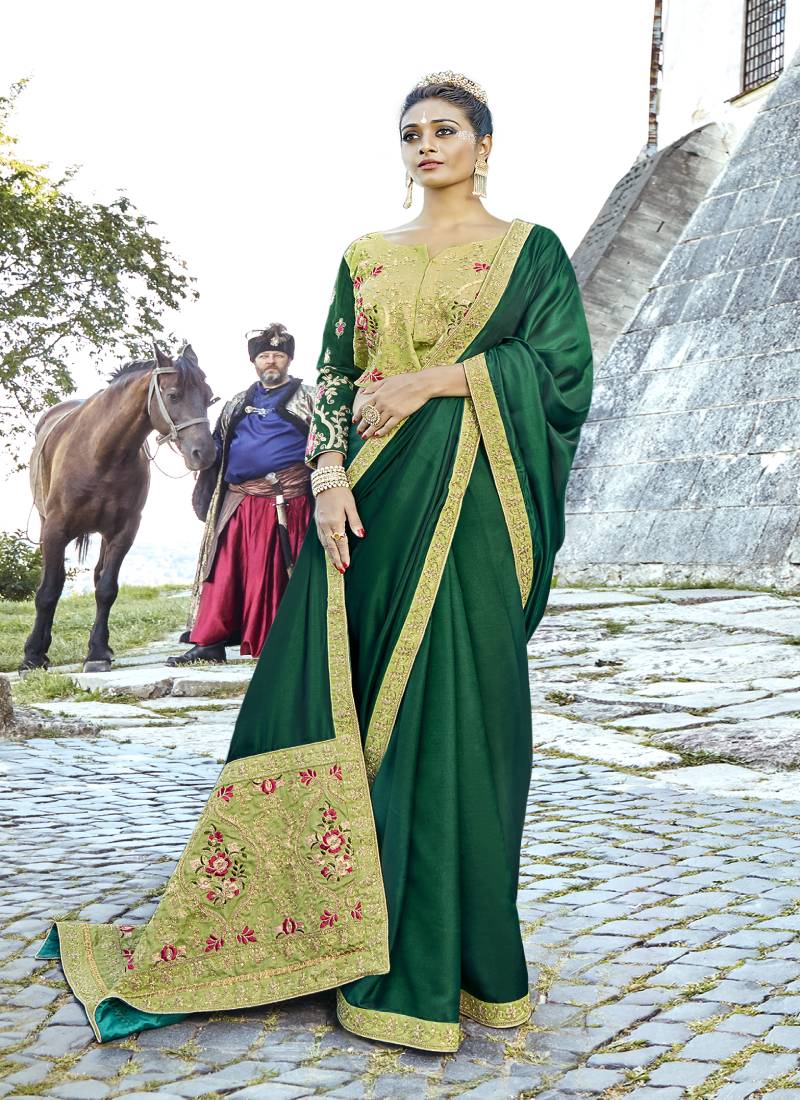 Women's Silk Blend Dark Green Printed Designer Saree With Blouse Piece