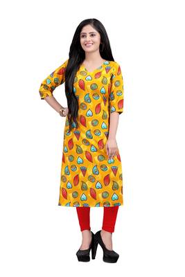 Women's Yellow colour Printed Straight Cut Crepe Kurti 1