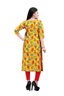 Women's Yellow colour Printed Straight Cut Crepe Kurti 2