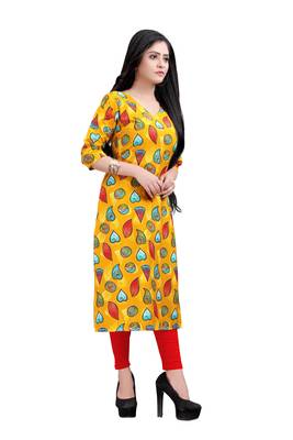 Women's Yellow colour Printed Straight Cut Crepe Kurti 3