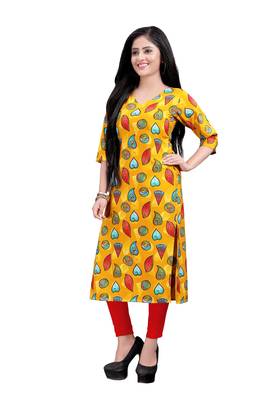 Women's Yellow colour Printed Straight Cut Crepe Kurti 4