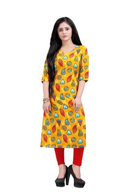 Women's Yellow colour Printed Straight Cut Crepe Kurti 5