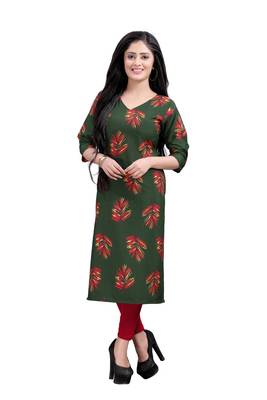 Women's Green colour Printed Straight Cut Crepe Kurti 1