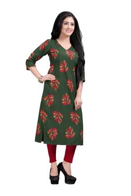 Women's Green colour Printed Straight Cut Crepe Kurti 3