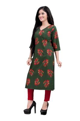 Women's Green colour Printed Straight Cut Crepe Kurti 4